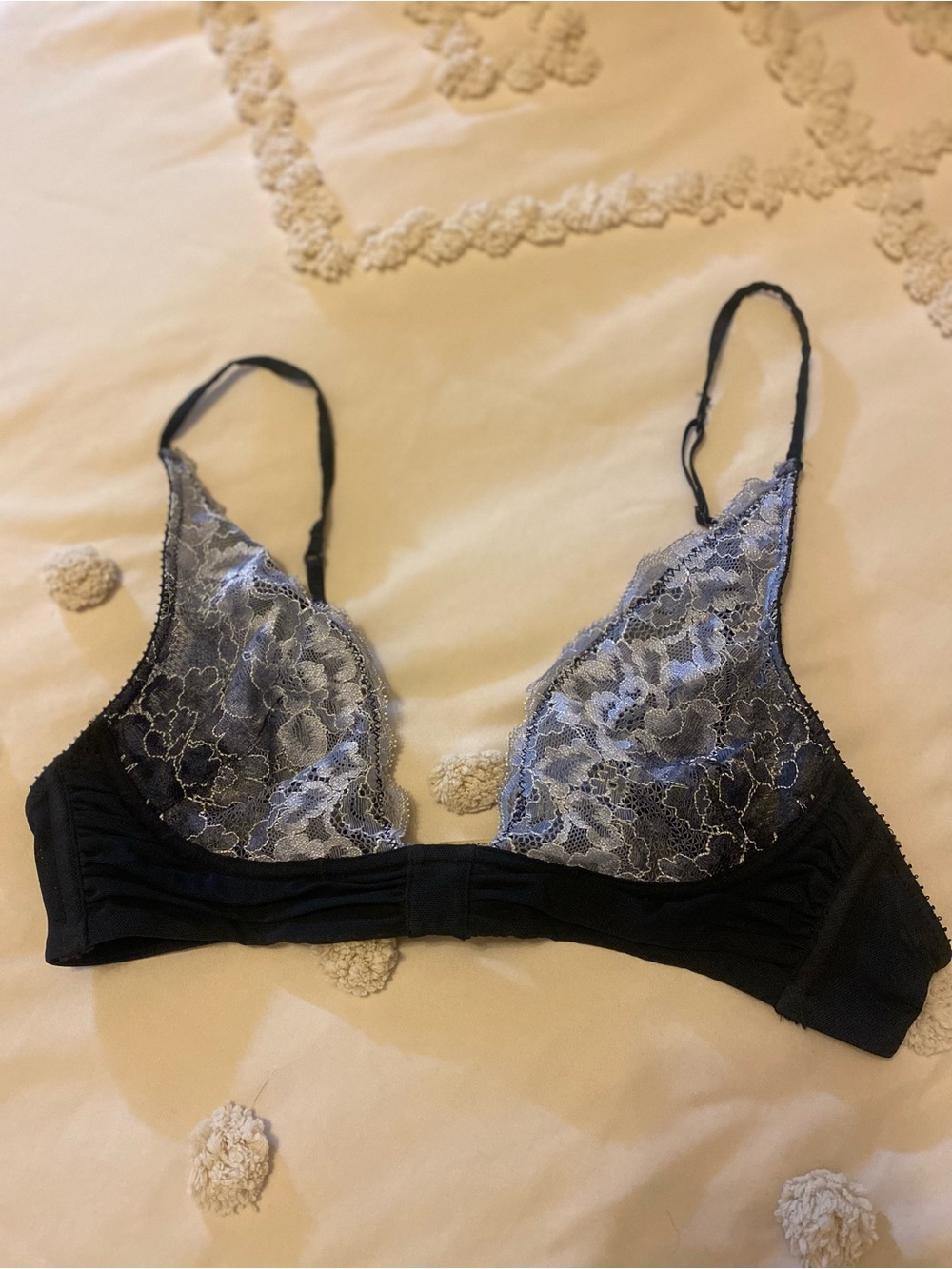 Free People Black Bralette with Gray Lace Overlay